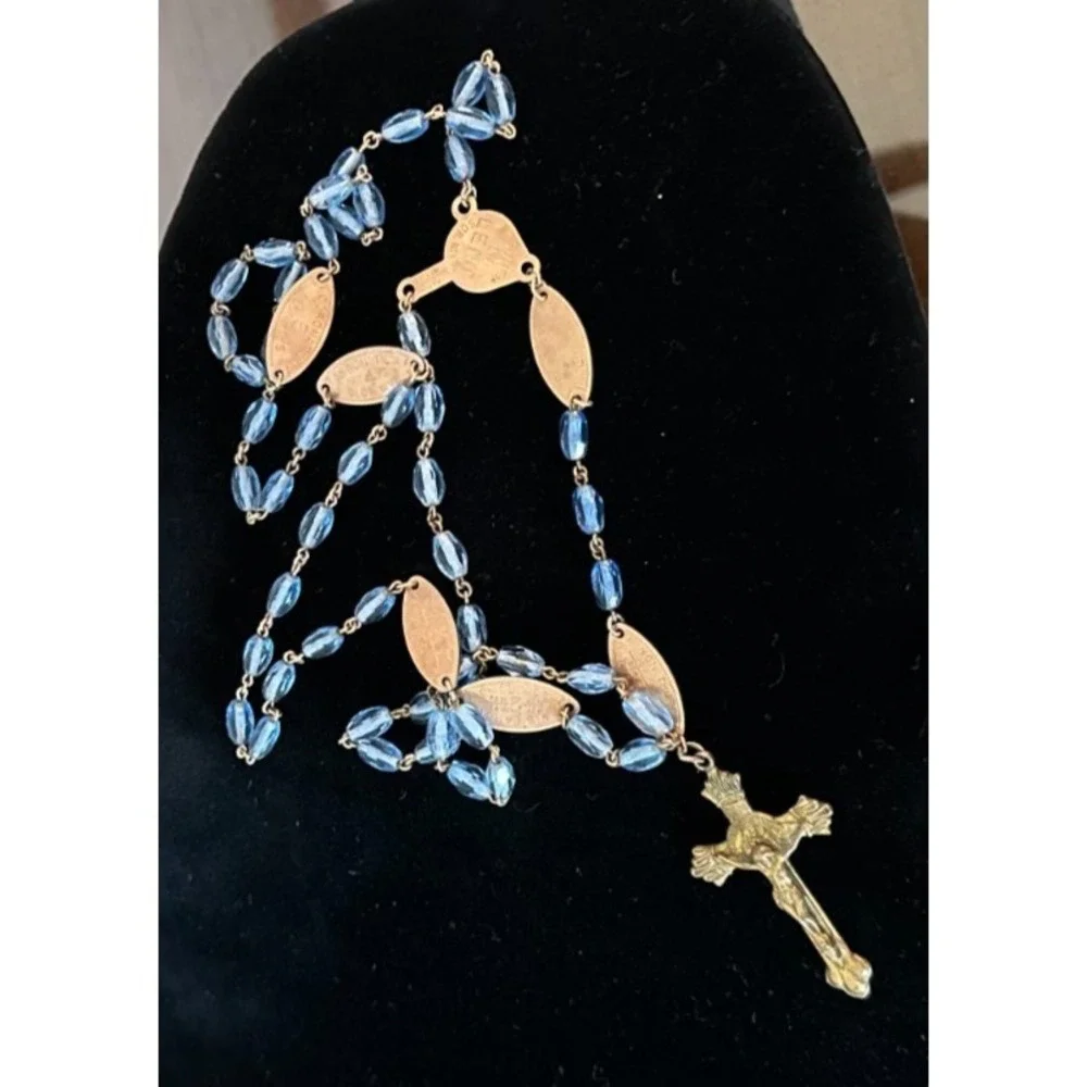 Blue Glass Beads Rosary Crucifix / Mother Mary/Sacred Heart Seven Sorrows